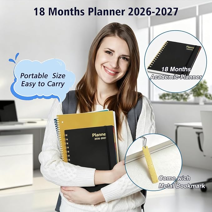 Daily Planner 2026-2027, 18 Month Planner with Tabs, January 2026 - June 2027 Weekly and Monthly Agenda Year Calendar Spiral Time Management, 100GSM Thick Paper, Twin-Wire Binding, A5 Size, Black
