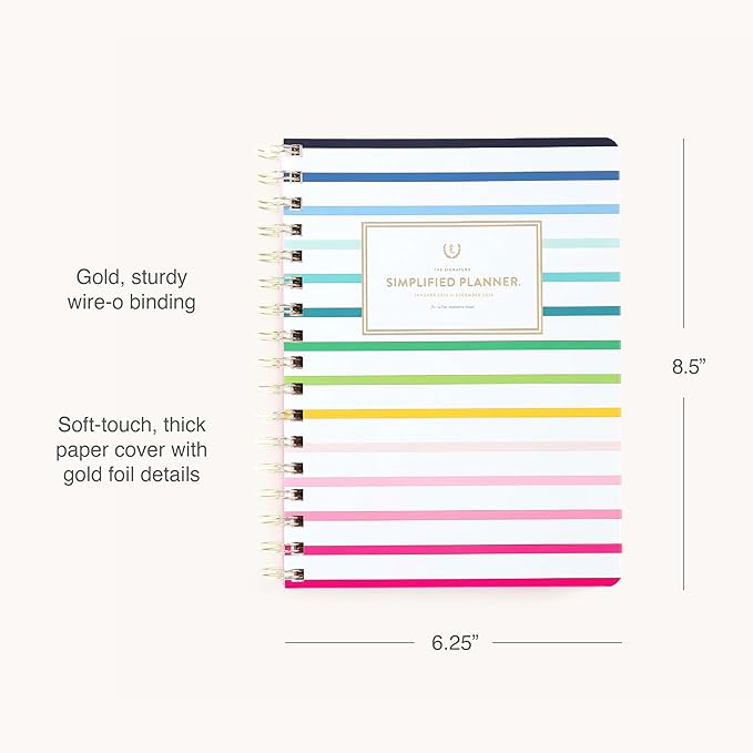 Simplified 12-Month Spiral Softcover Weekly Planner — Happy Stripe — 2026 Calendar Year Organizer with Stickers, Pockets, and Flexible Cover