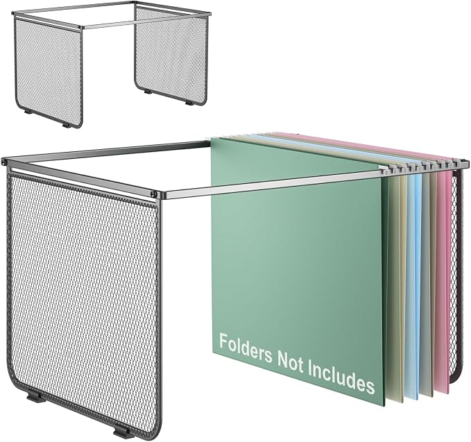 Hanging File Folder Frame Set of 2, Hanging File Organizer with Metal Mesh for Legal/Letter Size, Portable Hanging File Folder Metal Frame for Filing Cabinet Desk Drawer