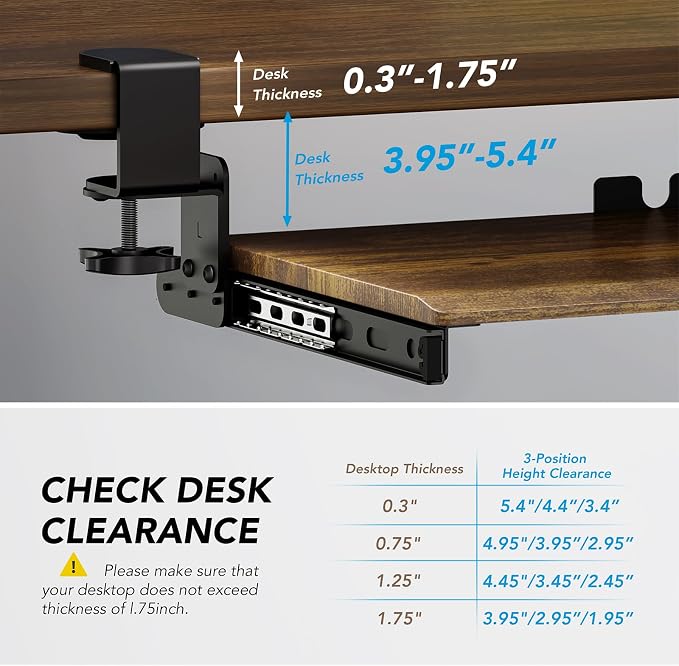 AX WABER Keyboard Tray Under Desk Pull Out with Extra Sturdy C Clamp Mount System, 32.8 (38 inch Including Clamps) x 12 Inch Slide-Out Platform Computer Drawer for Typing Vintage AX01WG202