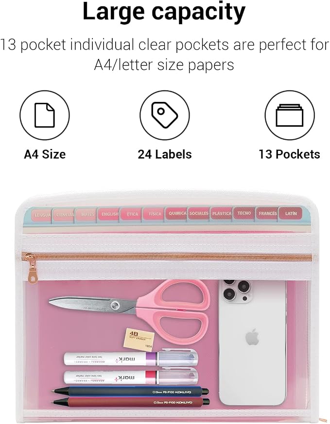 Mukawa 13 Pocket Zippered Expanding File Folder, Accordion File Organizer for Documents Letter Size A4 Papers (Pink)