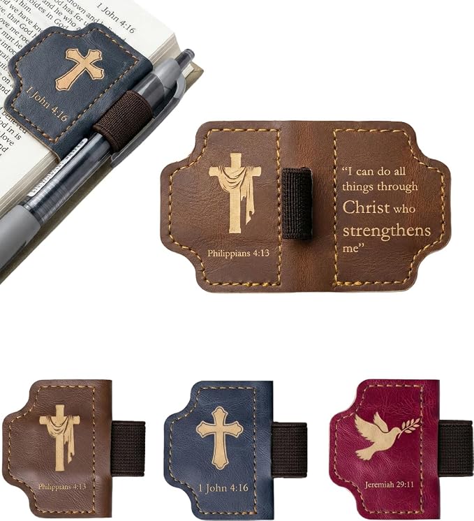 3-Pack Magnetic Leather Bookmarks for Bible, Thin Page Markers with Small Pen Loop, Laser Engraved Religious Christian Gifts for Women & Men, Vintage Leather, Page-Safe Magnets (Bible Verses)