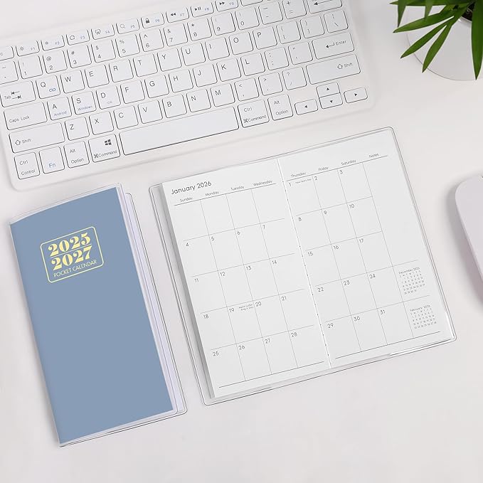 Pocket Calendar 2025-2027, Monthly Purse Planner (6.7" x 3.7") Runs from July 2025 to December 2027, Solid Blue Pocket Calendar with PVC Cover for Planning, Organizing, and Office Use