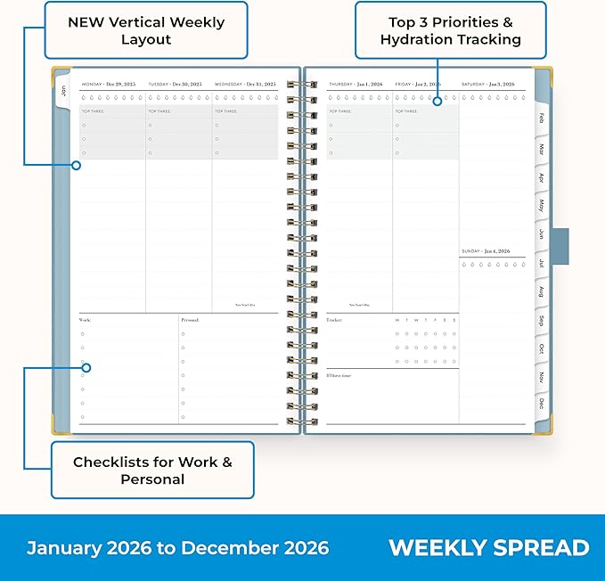 Blue Sky 2026 Weekly and Monthly Planner Calendar, January 2026 - December 2026, 5" x 8", Faux Leather Cover, Durable Twin Wire Binding, Storage Pocket, Laminated Tabs, Includes Pen Loop, Bungee, Ruler, Blue Haze