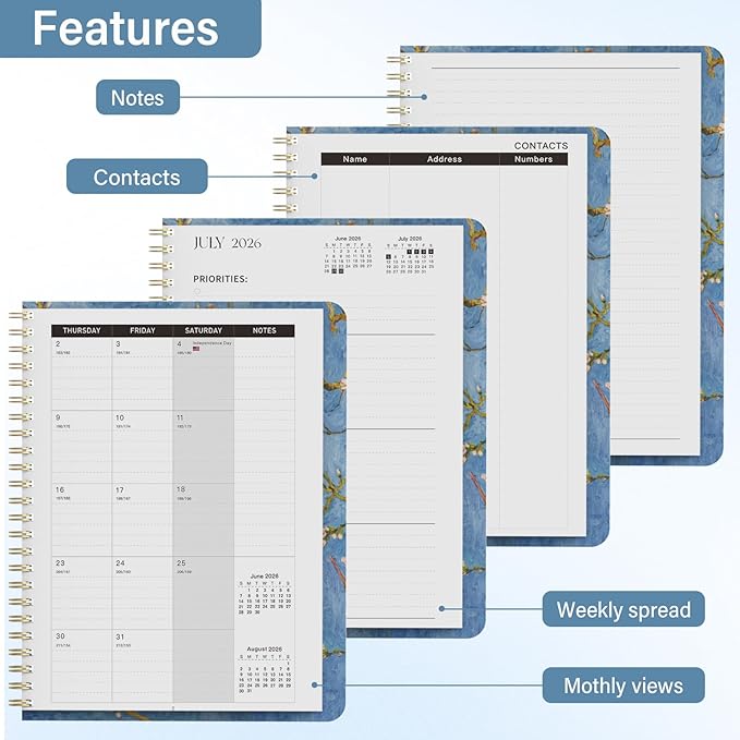 2026 Planner, Weekly and Monthly Calendar Planner for Women, 6.3" x 8.5", Jul 2026 - Jul 2027, Hardcover Planning Agenda book with Tabs, Spiral Bound, Inner Pocket, for School Office Supplies(Almond Tree)