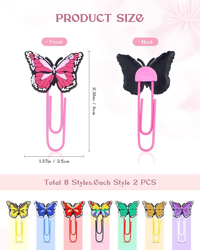 16 Pcs Cute Bookmark Paper Clips Cartoon Silicone Bookmarks with Colorful Paperclips for Kids School Teacher Office Supply Student Stationery (Butterfly Style)