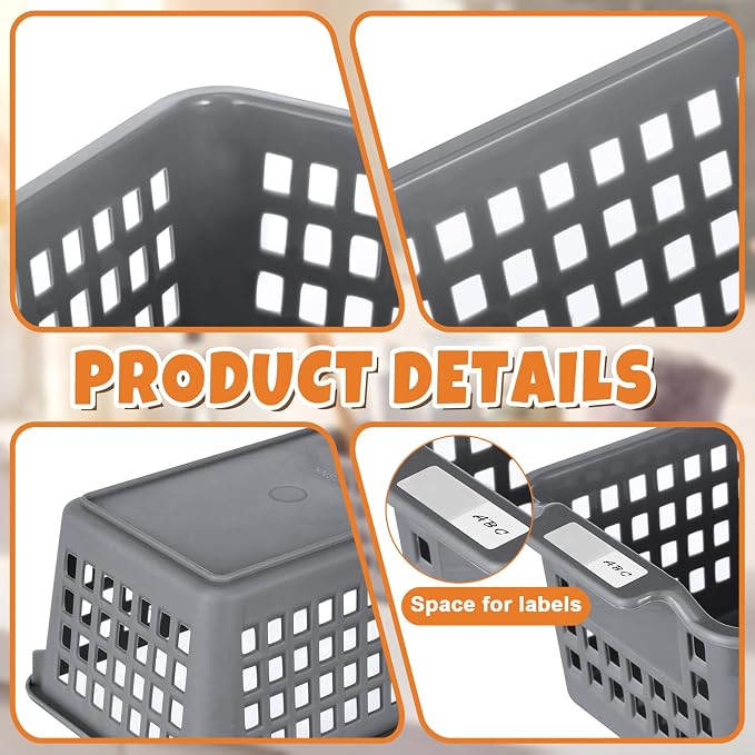 Domensi Gray 12 Pcs Slim Plastic Storage Baskets for Organizing 11.6" x 5" x 3.4" Small Narrow Storage Bins with Handles & Label Area Thin Pencil Trays for Bathroom Drawer Office Desk Closet