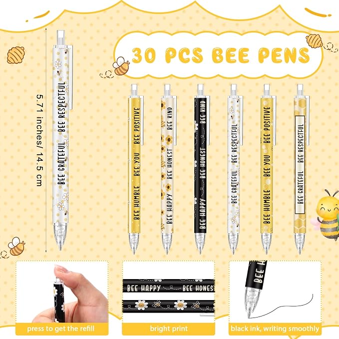 Kosiz 30 Sets Bee Party Favors End of Year Gifts Positive Ballpoint Pens Honey Flower Keychains and Bookmarks Bulk Bee Themed Inspiration Gifts for Student Class Reward School Office Prizes