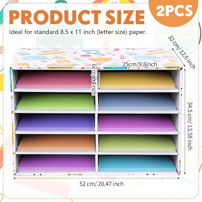 Dispowreath 2 Pack 10 Slots Construction Paper Storage, Classroom Mailboxes, Back to School Literature Cardboard Paper Organizer for Teacher, Office, 19.7 x 12.4 x 11.8 Inches(Multicolor,Stationery)