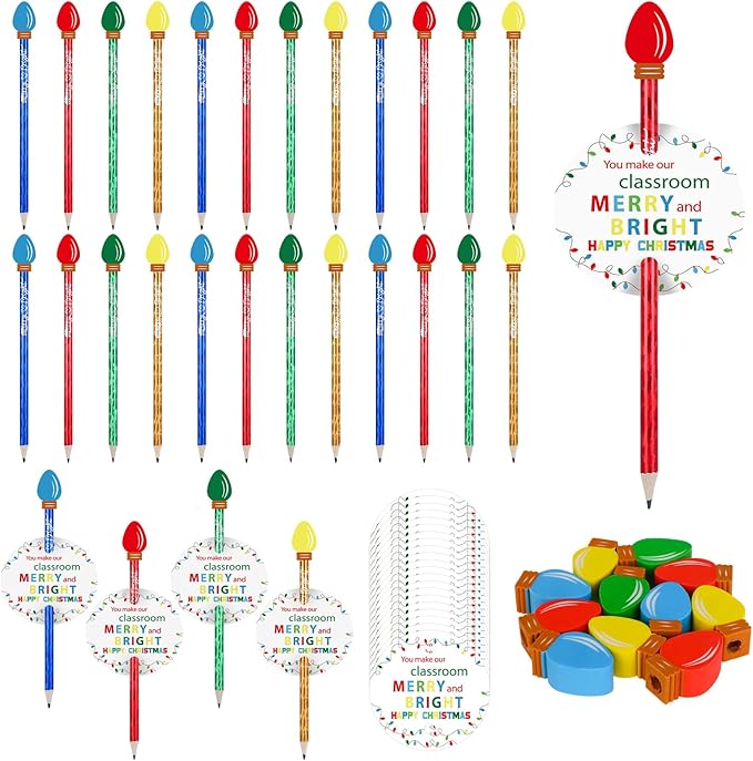 24 Sets Easter Pencils Erasers Gifts with Bulb Pencil Eraser Toppers Merry Bright Cards Bags, Mini Lightbulb Erasers Multicolor Tiny Erasers for Party Rewards Easter Gifts