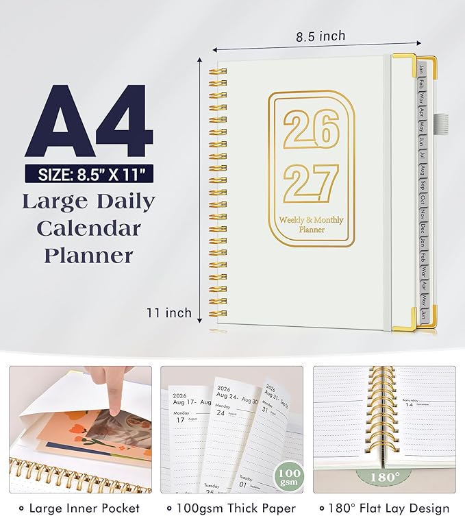 Planner 2026-2027, 18 Months Weekly and Monthly Hardcover Planner, January 2026 - June 2027, 8.5" x 11" A4 Large Daily Calendar Planner Book with Tabs, Spiral Yearly Agenda Organizer Notebook for School Work Home, White