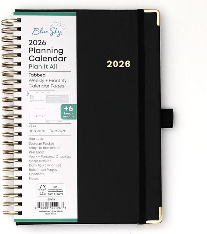 Blue Sky 2026 Weekly and Monthly Planner Calendar, January 2026 - December 2026, 5" x 8", Faux Leather Cover, Durable Twin Wire Binding, Storage Pocket, Laminated Tabs, Includes Pen Loop, Bungee, Ruler, Black