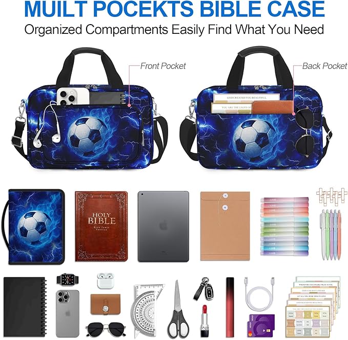 Soccer Large Bible Cover Case for Men Boys, Kids Bible Study Supplies Journaling Kit Book Carrying Case Bible Accessories with Pens Highlighters Cross Clips, Christian Gifts for Men