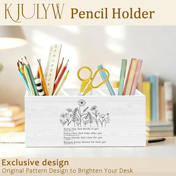 Christian Wildflower Pen Holder for Desk, Christian Gifts for Women Faith, Inspirational Bible Verse Wooden Box Pencil Pen Holder Organizer for Home Office Desk Accessories