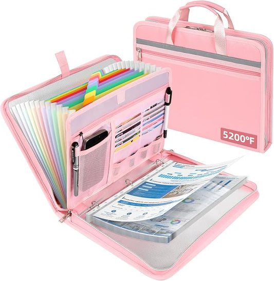 5200℉ Fireproof Document Organizer with 13 Accordion Expanding File Folder, Aluminum Foil Zipper Binder with 30 A4/Letter Sheet Protector, Binder for School Office Home Storage (Pink)