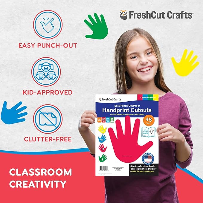 48 Piece Handprint Primary Cutouts with IDEA Guide, US Made 2-Sided Brightly Colored Card Stock Punch Out Handprint Paper Accents for Bulletin Boards, Classroom Decor, Back to School & DIY Crafting