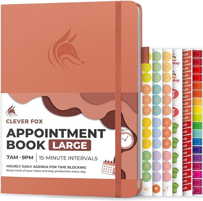 Clever Fox Appointment Book – Hourly Schedule Planner with 15-Minute Increments – Time Box Planner for Daily Work & To-Dos – Weekly & Monthly Spreads, Undated, Hardcover, 8.3x11″ (Terracotta)