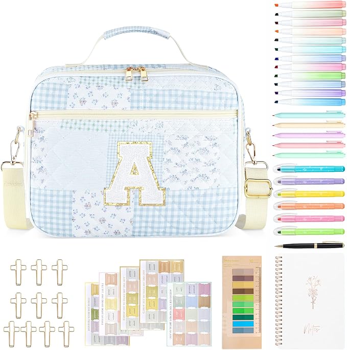 Personalized Initial Bible Cover Case for Women, Large Quilted Bible Bag with Durable Handle, Stylish Church Bag Journaling Kit with Study Supplies Accessories, Christians Gifts for Women (Spliced-A)