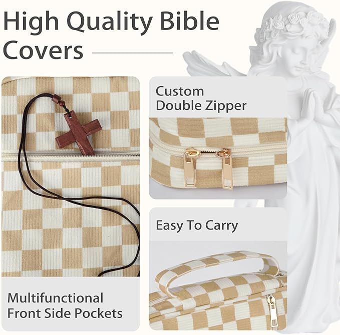 Bible Cover Case for Women Corduroy Bible Case for Girls Checkered Large Bible Cover with Handle Bible Study Supplies Accessories Christian Gifts for Women (Khaki, Medium)