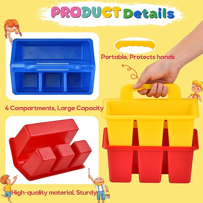 NINU Classroom Caddy Storage Basket with Handle, Plastic Arts Office Crafts Caddy 4 Compartments for Kids, Pencil, Crayon, Marker, School Supplies - 6 Pack Color