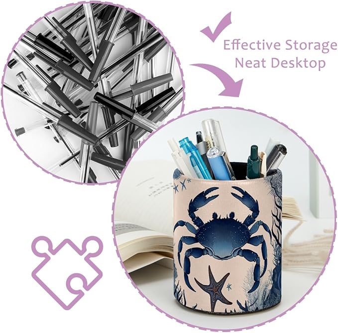 Vintage Crab Pen Holder Pencil Organizer Cute Pencil Cup Desk Decor Makeup Brush Holder PU Multifunctional Office Supplies for Home Classroom School