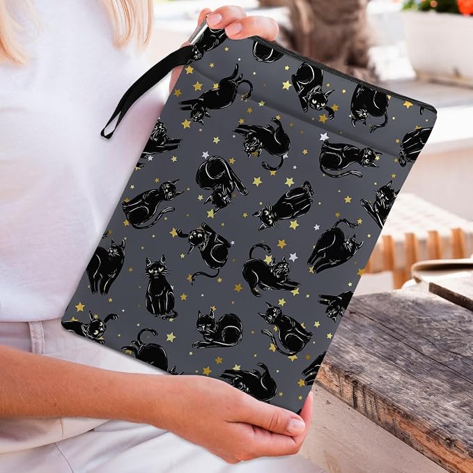 Cat Book Sleeve,Book Covers for Paperbacks,Book Sleeves with Zipper, Book Pouch Cat Lover Gifts for Women Teacher Daughter Graduation Birthday Gifts (Black Cat 02, Large)