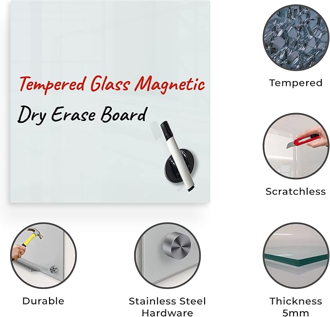 Magnetic Eraser Black Board 16" X 16" Inches Eased Corners - White Low Iron Glass
