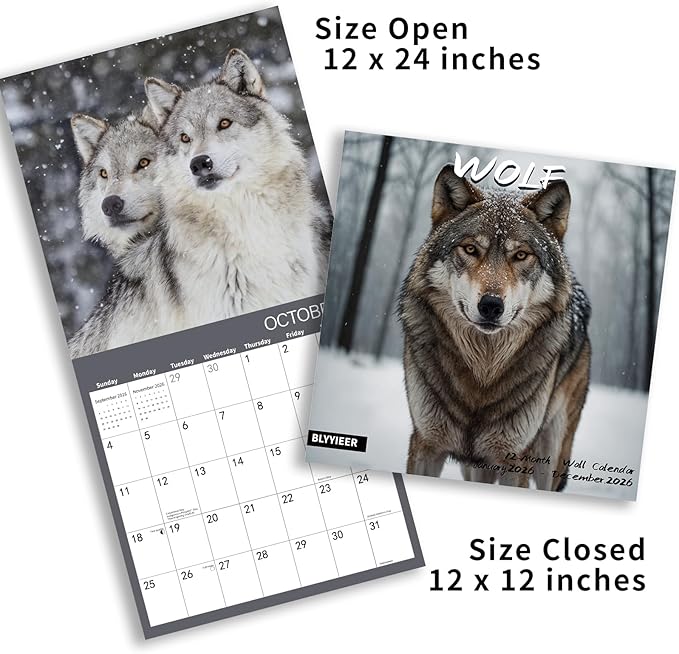 2026 Wall Calendar,Wolf Calendar 2026,Wolf Monthly Wall Calendar, 12" x 24" Open,Family Planner Calendar, Home & Office Organizer,Hangable