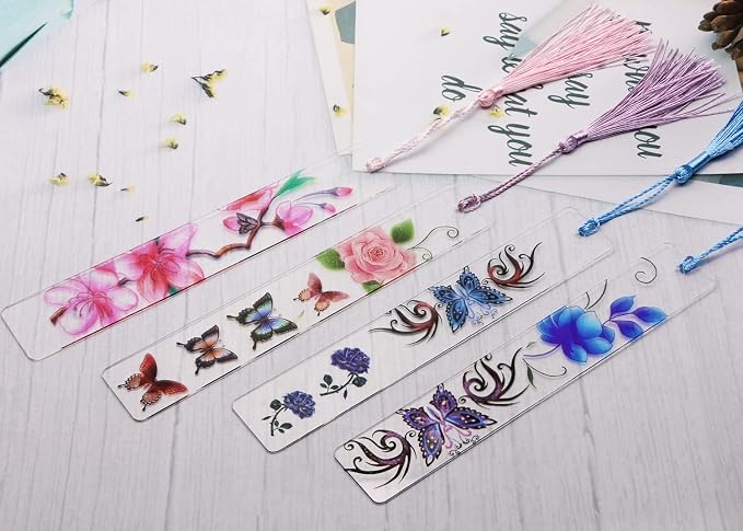 Blank Clear Acrylic Bookmarks Penta Angel 20Pcs Plastic Craft Transparent Acrylic Book Page Marks with 20Pcs Small Book Page Marks Tassels for DIY Projects and Graduation Gift Tag (Rectangle)