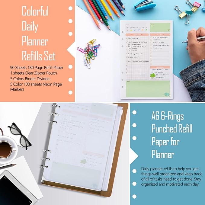 Rancco A6 Planner Inserts Daily Planner Refills, 90 Pages Colorful 6-Ring Loose-leaf Binder Inserts w/Divider, PVC Pouch, Ruler, Index Tab for Journal, Filofax, Double-sided, Undated,6.9x3.7"
