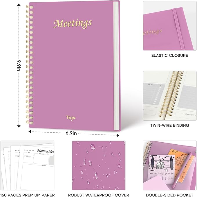 Taja Meeting Notebook for Work Organization - Work Planner Notebook with Action Items, Agenda Planner for Note Taking, 160 Pages (6.9" X 9.9") Project Organizer for Men & Women - Purple