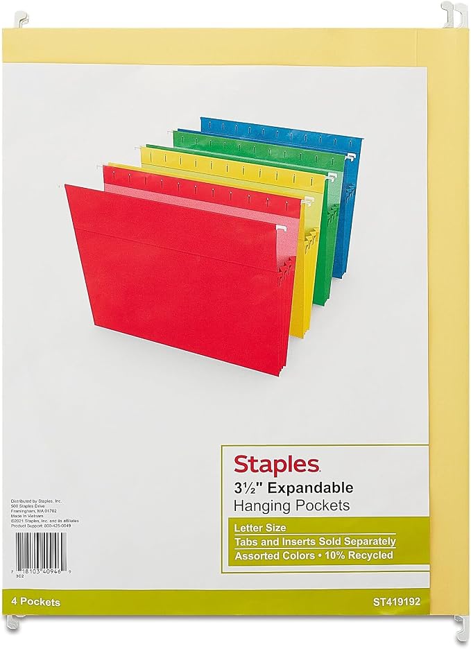 Staples Hanging File Folders, Letter Size, 3.5‑Inch Expansion, 5‑Tab Assorted Colors, Heavy‑Duty Design – 12/Carton