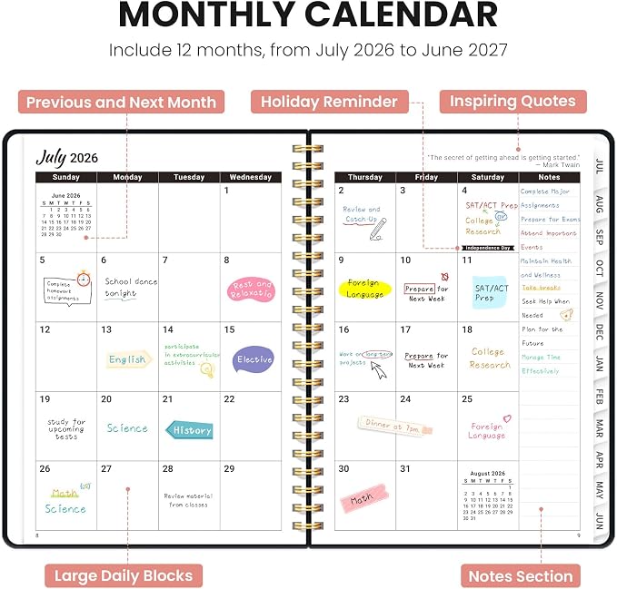 Planner 2026–2027, Academic Planner Weekly and Monthly Calendar Jul 2026 – Jun 2027 Hardcover Planner with Tabs and Pocket, Spiral Bound Agenda Book for Student & Teacher, 6.3" x 8.5", Blush Bouquet