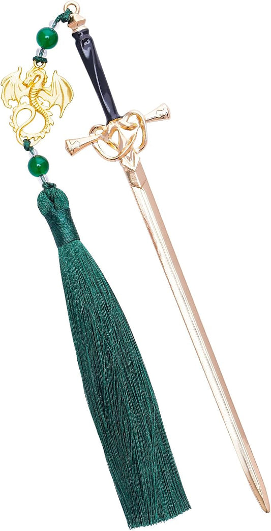 Dragon Sword Metal Bookmarks - Fantasy Fourth Wing Book Mark Gift Reading Men Cool Aesthetic Merch Green Tassels Page Marker Funny Book Lover Novel Fans Boy Student Teacher School Supplies