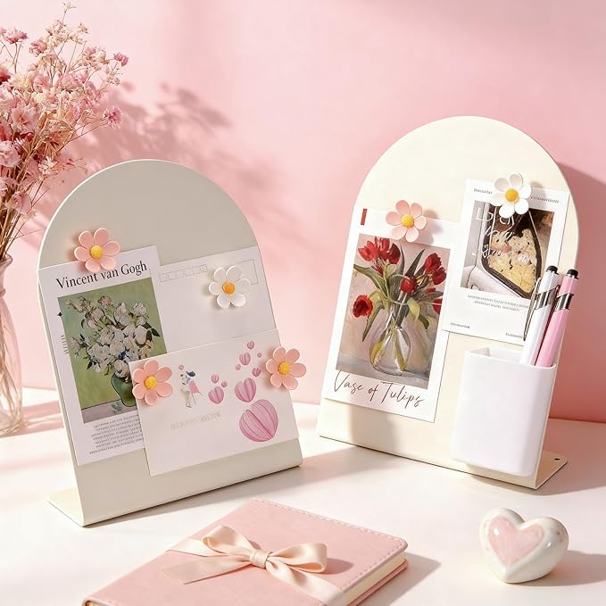 Redbaker 2 Pcs Magnetic Bulletin Board for Tabletops with 8 Flower Magnets 2 Magnetic Pen Holder 2 Pen 10 x 7 Inch Memo Display Easel Stand for Home Office School Kitchen Table Supplies (White)