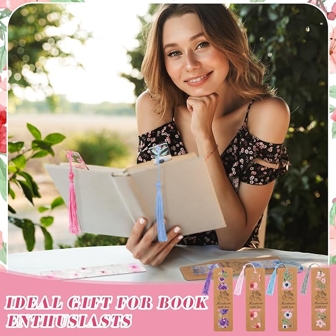 16 Set Flower Acrylic Bookmark Gifts for Women Clear Floral Bookmarks with Colored Tassels and Paper Sleeves Flower Page Marker Tassels Packaging for Teacher Writer Reader