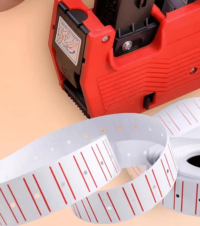 MX-5500 Price Labels, Adhesive Sticker Marker Label, 10 Rolls Sticky Paper Labels for Price and Date Guns,1 Line 5000 Labels, 1pcs Ink Roll Included (10roll Pink) (White+2 red line)