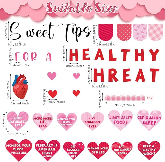 Valentine's Day Health Bulletin Board Set Pink Red Heart Paper Bulletin Board Valentines Classroom Sweet Tips for a Healthy Heart Cutouts for Valentines School Classroom Home Chalkboard Wall Decor