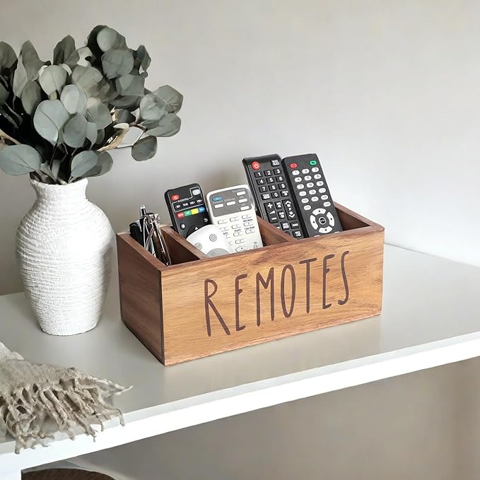 LBEMEY Acacia Wood Remote Control Holder, TV Remote Holder, Remote Organizer for Table,Home,Living room, bedroom for Wooden Remote Box (Brown, L,for 5+ Remote Controls)