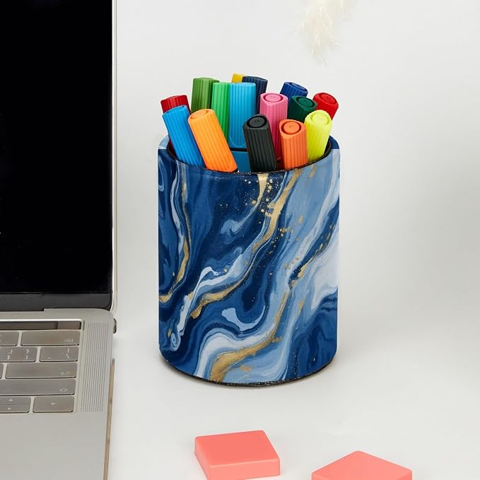 Blue Abstract Fluid Marble Leather Pen Holder for Desk, Multifunctional Desktop Organizer Pencil Cup, Desktop Caddy Stationery Organizer for School Home Office Desk Accessories