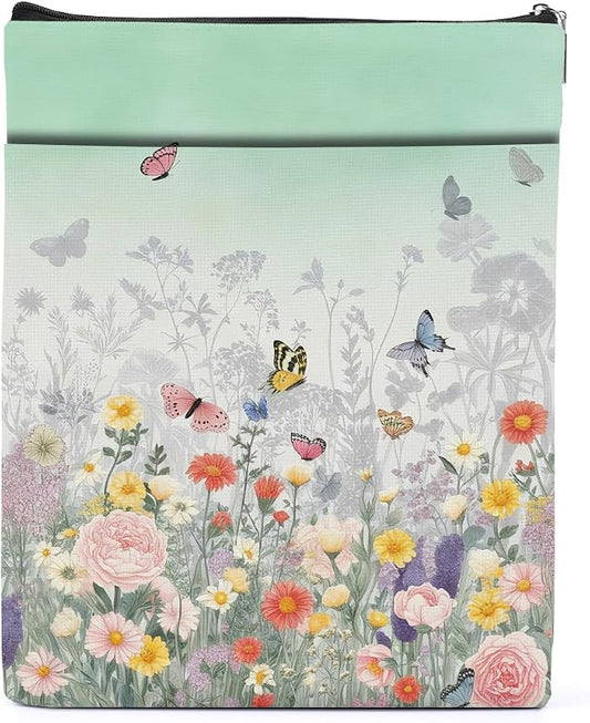 Aesthetic Flower Book Sleeve, Book Lovers Gifts Sleeve with Zipper & Front Pocket, 11.4x8.8 Inch Canvas Books Cover Protector Bookish Gifts for Readers Librarian Women Teacher Christmas Birthday Gift