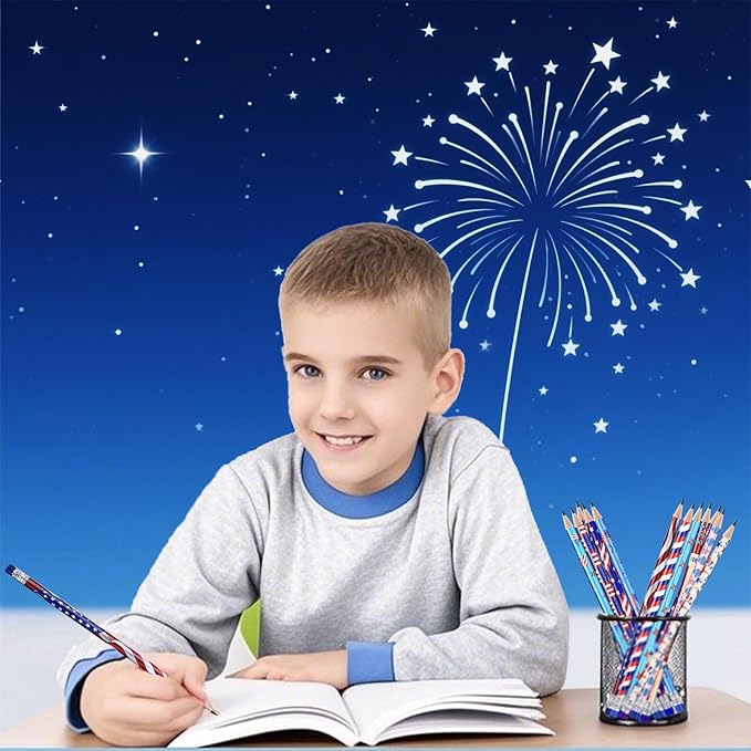American Flag Themed Wood Pencils with Eraser, 48pcs Patriotic Pencils in 12 Designs, USA Flag Gifts Pencil for 4th of July USA Independence Day Parades Party Favors School Office Supplies