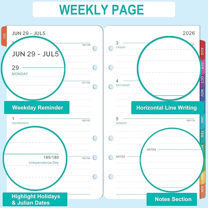2026-2027 Planner Refills - 4" x 7", A6 Weekly and Monthly Planner Inserts, Jul. 2026 - Jun. 2027, Planner Refills 2026-2027, 6 Holes, Colorful Monthly Tabs