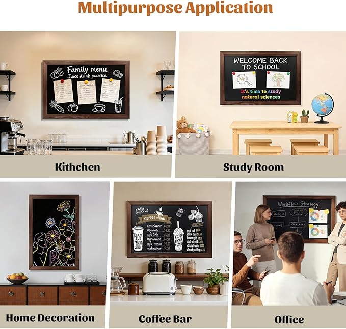 Magnetic Chalkboard for Wall, 24 x 36 Inch Solid Wood Framed Brown Magnetic Board, Wall Mounted Chalk Board for Kitchen, Restaurant, Food Truck and Calendar Board