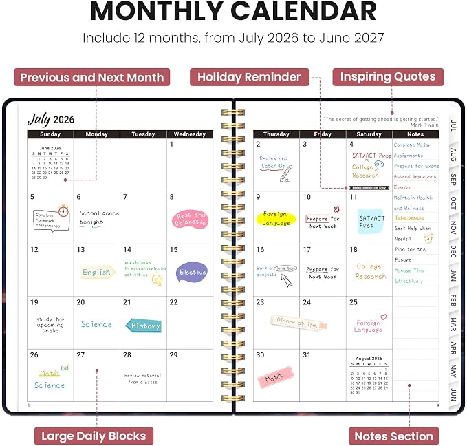 Planner 2026–2027, Academic Planner Weekly and Monthly Calendar Jul 2026 – Jun 2027 Hardcover Planner with Tabs and Pocket, Spiral Bound Agenda Book for Student & Teacher, 6.3" x 8.5", Radiant Bastille