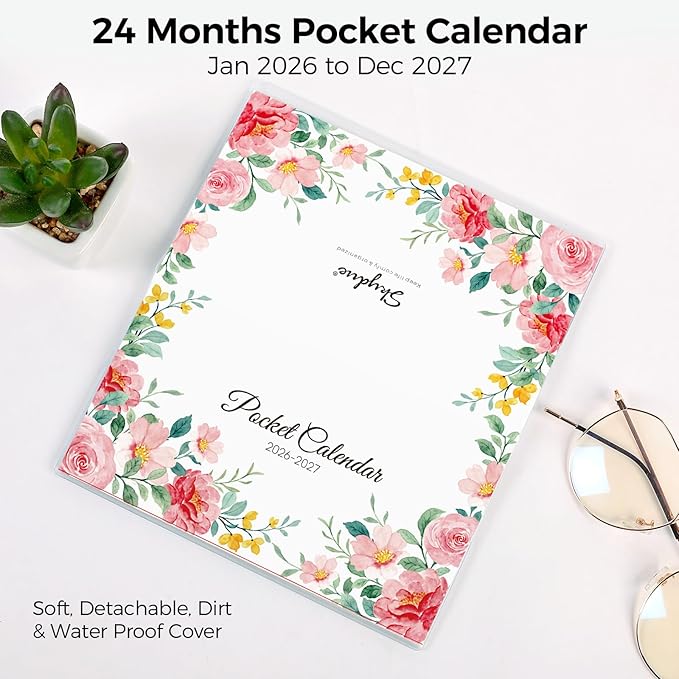 Pocket Calendar 2026-2027 for Purse, 2026-2027 Pocket Planner 24 Months with Soft Waterproof Cover and Premium Paper, 6.5" x 3.5", Floral