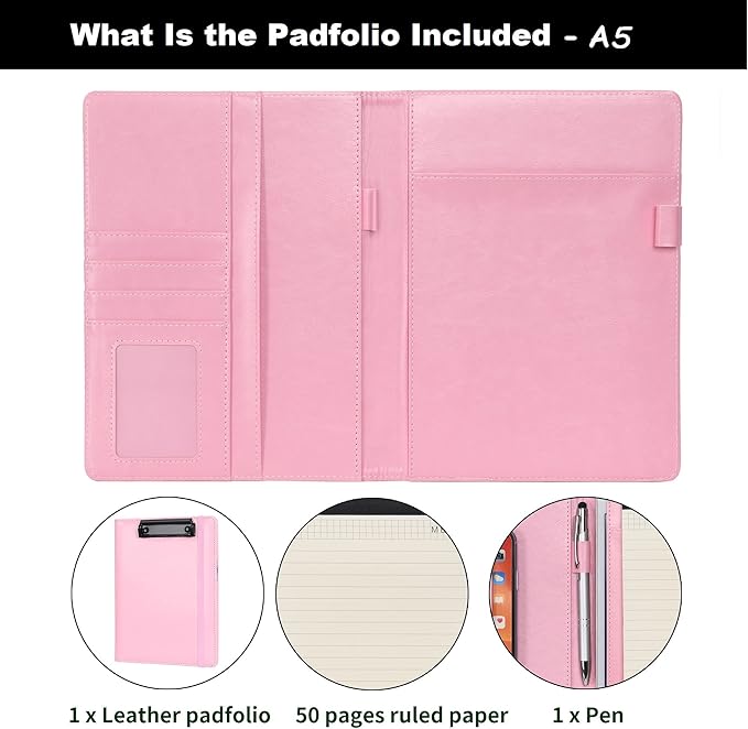 Wonderpool A5 PU Leather Clipboard Partfolio Recipe Binder Notepad Forms Holders Document Case - Interview Planner Meeting Writing Padfolio File for Office Travel School Hotel Restaurant (A5,Pink)