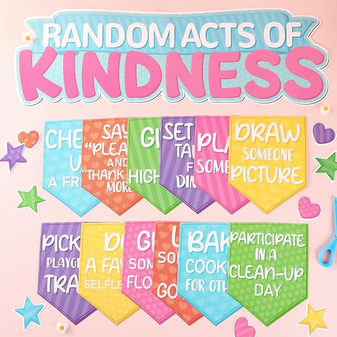 QOUBAI Random Acts of Kindness Bulletin Board Set Colorful Motivational Classroom Bulletin Decorations Rainbow Flip Kind Challenge Cutouts for Back to School Office Home Chalkboard Decor Wall Door