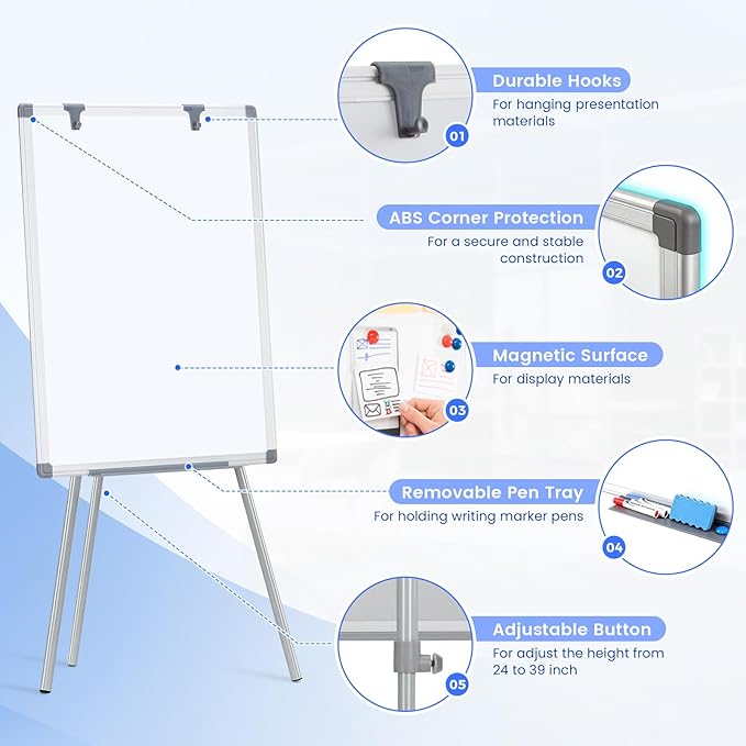 MAKELLO White Board with Stand, Portable Whiteboard Easel 24x18 in for Office Classroom Home School, Adjustable Height, Aluminum Frame