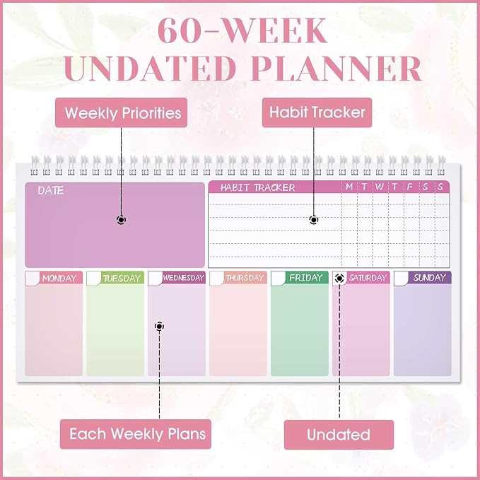 Funrous Floral Undated Weekly Planner 2026 Weekly To Do List Notepad with Goal Shopping Horizontal Desk Calendar Spiral Bound Calendar for Planner Reminder Office School 12 x 6 inch(Classic,Pink)